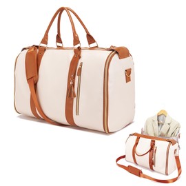 Garment Bag Duffel Bag Suit Travel Bag for Travel,Large PU Leather Duffle Bag for Women Men,Waterproof Garment Bags for Travel with Built-In Shoe Pocket,3 in 1 Hanging Suitcase Suit Travel Bags, White