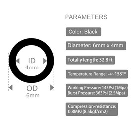 Quickun Pneumatic Tubing 6mm x 4mm PU Polyurethane Tube Air Hose Line for Air Compressor Fitting or Fluid Transfer (Black 32.8ft/10Meters)