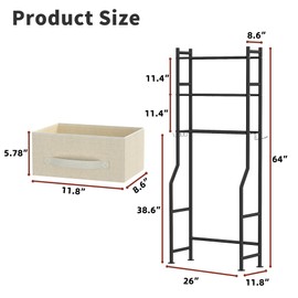 GloTika 3 Tier Over The Toilet Storage Rack with 2 Basket, Metal Freestanding Bathroom Shelves Toilet with Paper Holder and 4 Hooks, Over Toilet Storage Shelf for Bathroom Storage, Black