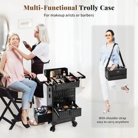 JINGUAN 4 in 1 Rolling Makeup Case with Drawers, Multi-functional Cosmetic Trolley with Wheels and Keys, Large Storage Traveling Cart Trunk for Nail Technicians, Makeup Artist and Hairstylist, Black