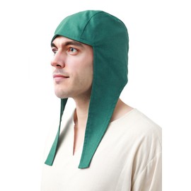 KUOIN Medieval Coif Cap Linen Hats Bonnet with Ear Flaps Victorian Cosplay Accessories (Green)