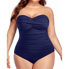 Holipick - Traje de baño de una pieza con control de abdomen, sin tirantes, para adelgazar, fruncido, parte delantera, traje de baño, Azul marino, 18 Plus