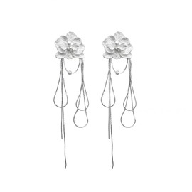 Elarith women's metallic silver flower fringe chain bridal earrings, pearl pendant 925 silver column wedding jewelry gifts