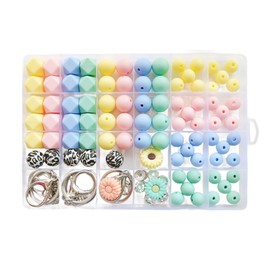 104pcs Silicone Beads DIY Jewelry Making Kit with Elastic Cord, Multiple Styles/Colors/Shapes Bulk Rubber Beads Set, for DIY Keychain/Beaded Pens/Bag Chain/Bracelet and Other Decors