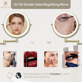 MIROAMZ Rechargeable Wall Mounted Lighted Makeup Vanity Mirror 8 Inch Double Sided 1X 10X Magnifying Bathroom Mirror, 3 Color Lighting, Touch Screen Dimming, 360 Rotation Shaving Mirror Gold
