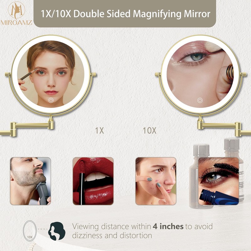 MIROAMZ Rechargeable Wall Mounted Lighted Makeup Vanity Mirror 8 Inch