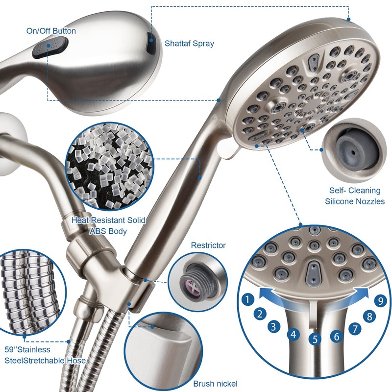 High Pressure Handheld Shower Head, 10-Setting Showerhead, 4.7”Detachable Showerhead Set