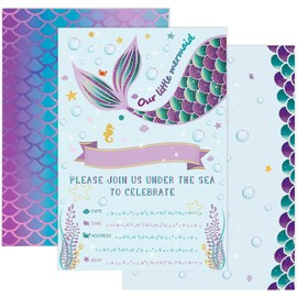 Manqianxun Rainbow Glitter Mermaid Party Supplies - Magical Mermaid Invitations for Girls Fill-in10 Pack Party Invitations Cards with Envelopes Birthday Wedding Baby Shower Pool PartyInvitation card