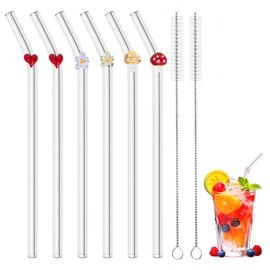 Glass Straws Reusable, 6 PCS Shatter Resistant Reusable Straw with 2 Cleaning Brushes, Eco Friendly Bent Straws Reusable Glass Straws Drinking for Smoothies Milkshake and Cocktail (20cm)