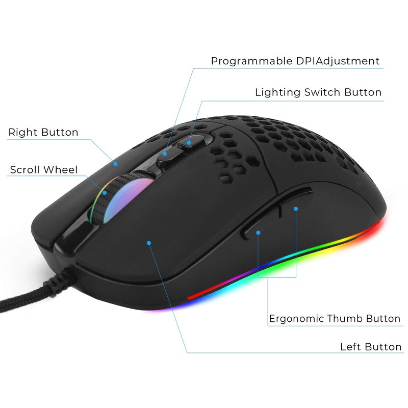 Zienstar-Kabelgebundene USB C Gaming Mäuse,Leichte Wabenschale,7200DPI,RGB-Leuchten für Apple MacBook,Computer oder