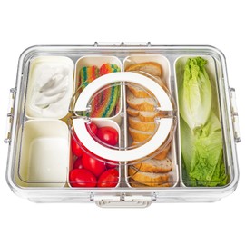 Bandesun Divided Serving Tray with Lid and Handle - Clear Organizer for Candy, Fruits, Nuts, Snacks - Snackle Box Charcuterie Container for Portable Snack Platters - Perfect for Party, Entertaining