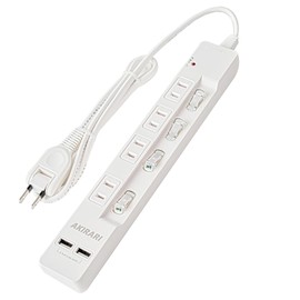 Sibling Power Strip Extension Cord 3.3 ft (1 m) with USB, 1,400 W, 6 LED USB-A x 2, 3.4 A, 4AC Outlet, Stylish, Individual Switch, Energy Saving, 180° Swing Plug Gap, For Companies, Home, Dust