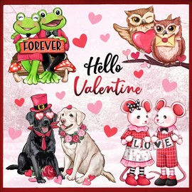 Mfault Valentines Day Animals Window Clings 4 Sheets, Hello Valentine Labrador Dog Frog Cartoon Mouse Owl Stickers Decals Decorations, Love Hearts Anniversary Wedding Home Kitchen Decor Party Supplies