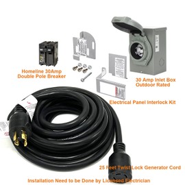 30 Amp Generator to House Hook-up Kit for Square D Homeline 150/200/225 Amp Load Center, Including Generator Cord,Power Inlet Box,Panel Interlock Kit and Circuit Breaker (25 Ft Gen Cord)