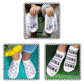 Tri Sigma Sorority Design White Cotton No Show Socks - Set of 3 Pairs of Floral, Boho Repeat Letters and Name