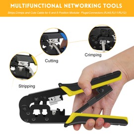 RJ45 Crimp Tool Kit for Cat5 Cat5e Cat6 Modular Plugs Connectors, RJ-11, 6P/RJ-12, 8P/RJ-45 Network Crimping Tool, Modular RJ45 Crimper Strip, Cut, Crimp, All-in-One