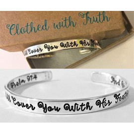 Sterling Silver Cuff | He Will Cover You With His Feathers | Engraved Bible | Psalm 91:4 Scripture | Christian Faith Religious Bracelet