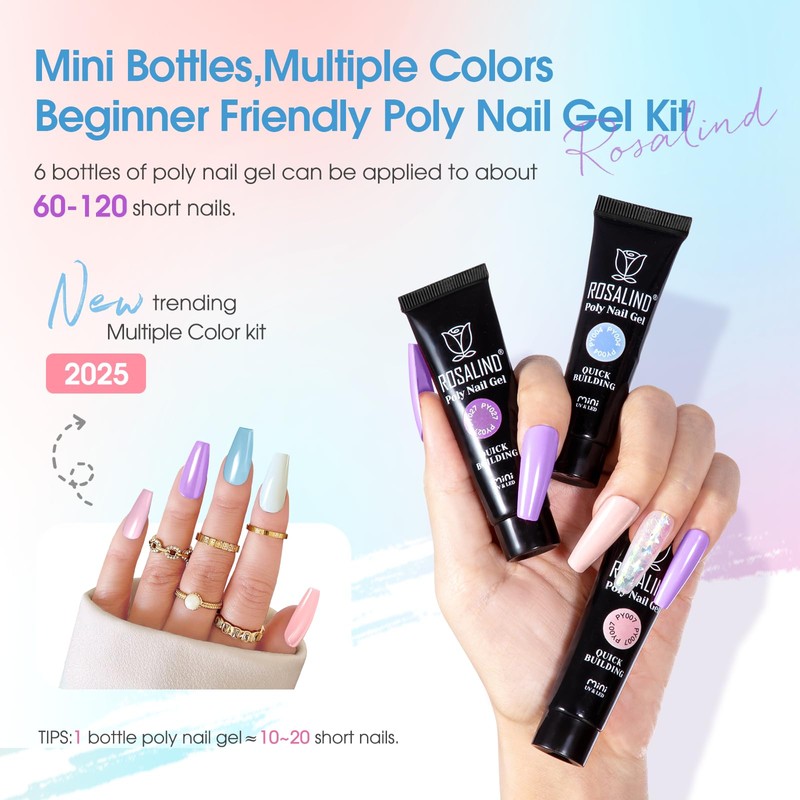 ROSALIND Poly Nail Gel, 6 Pieces, 10 ml, UV LED