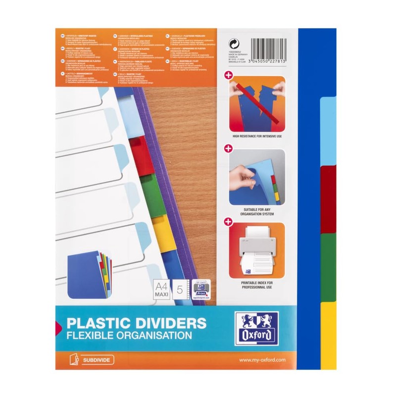 Oxford A4 5 Part Plastic Dividers, Extra Strong Assorted Colours,