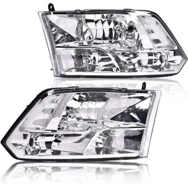 CNNELL Headlights Compatible with Dodge Ram 2009-2012 1500 2500 3500 /Fit New Body,not fit dual beam,not fit one hole(Clear lens Chrome Housing Clear Reflector)