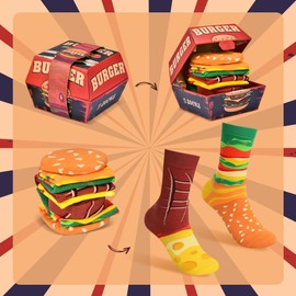Funny Burger Socks Box-Funny Gifts for Men Women Teen Boys -Fun Novelty Funky Food Cool Crazy Silly Socks -Easter Fathers Day Birthday Dad husband Uncle Gag Gifts Christmas Stocking Stuffers-2 pairs