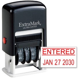 ExtraMark Ultra Dater Self-Inking Rubber Date Office Stamp with Entered Phrase & Date - Style 3, Red Ink, 12-Year Band