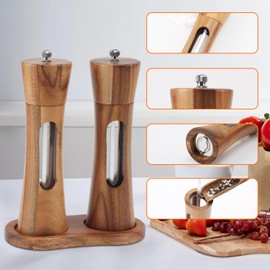 Sonhomay Salt and Pepper Grinder Set, Salt and Pepper Shakers with Adjustable Ceramic Grinding Core and Wood Tray, Wooden Manual Pepper Mill Salt Grinder Refillable for Home Kitchen