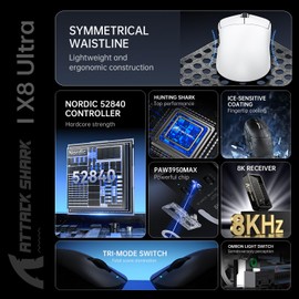 ATTACK SHARK X8 Ultra Wireless Gaming Mouse,55g Ultra-Lightweight BT/2.4GHz Wirelss/Wired Mouse,8K Polling Rate,PixArt PAW3950MAX Sensor,42000 DPI,Tape,Gamer Mice for PC/Win/Mac/Big Hand (White)