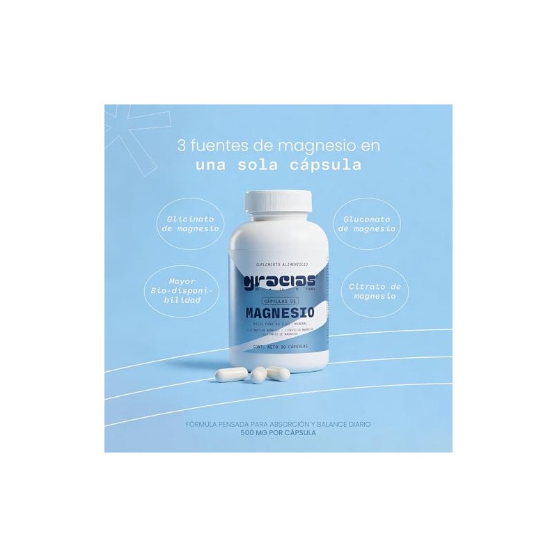 Cápsulas de Magnesio 90 Pzs – Glicinato, Citrato y Gluconato
