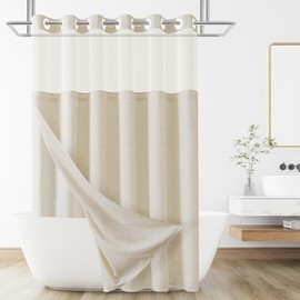 Jowels No Hooks Linen Textured Shower Curtain with Snap-in Fabric Liner Set,Beige Hotel Luxury Decor Shower Curtains for Bathroom with See Through Top Window,Water Resistant Fabric,71Wx74L,Cream