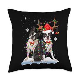 Boston Terrier Christmas Tree Lights Reindeer Santa Pajama Throw Pillow