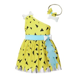 Dressy Daisy Disfraz Vestido Pebbles Picapiedra con Diadema de Hueso para Niñas Pequeños Talla 3 años, Amarillo