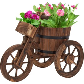 Kinsunny Wood Cart Garden Planter Pot w/3 Wheels Barrow Wagon Flower Barrel Outdoor Decoration for Patio Lawn Backyard