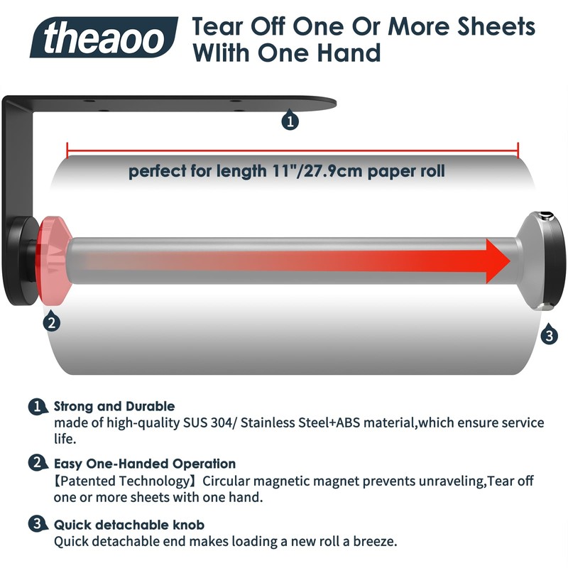 theaoo Paper Towel Holder Under Cabinet, One-Hand Tear, Wall Mount,