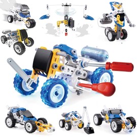 AMYCOOL Building Toy 10-IN-1 Car Set, Drill Toy, Carpentry Robot, Helicopter, Popular, DIY Toy, Boys, Girls, Elementary School, 3D Puzzle, Transforming Car, Tool Set, Toy Ranking, Birthday, Gift, Everyday Day, Christmas, Gift, Colorful, Ages 6 and Up (Blue)