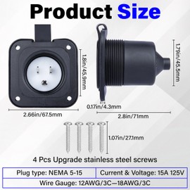 15 Amp Flanged Inlet, 15A 125V RV Shore Power Inlet, NEMA 5-15 Ac Port Plug with Waterproof Cove, 2 Pole 3-Wire Generator Male Receptacle for Marine Boat Rv Shed Electrical Extension, ETL Listed