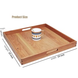 MAGIGO 19 x 19 Inches Large Square Cherry Wood Ottoman Tray with Handles, Serve Tea, Coffee Classic Wooden Decorative Serving Tray