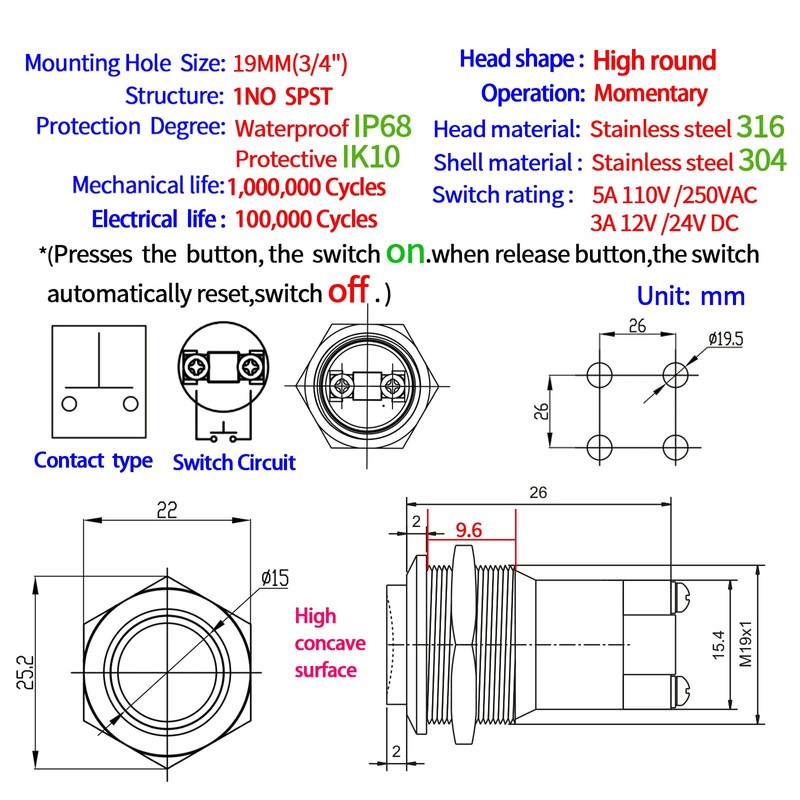 19mm Momentary Push Button Switch Waterproof IP68 5A Stainless Steel