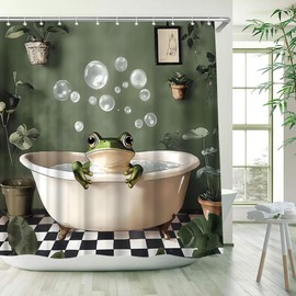 WUASDCS Funny Frog Shower Curtain Cute Animal in Bathtub Bubbles Hilarious Tropical Green Plant Vintage Wildlife Bathroom Decor Polyester Fabric Curtains with Hook 70Wx70H Inches