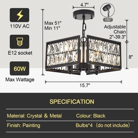 Salaiwei 12” 4-Light Modern Crystal Chandeliers Black Dinning Room Light Fixture, Square Pendant Light Kitchen Island Chandelier, Flush Mount Ceiling Light for Living Room Entryway Bedroom Foyer