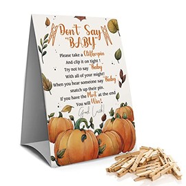 Don't Say Baby Clothespin Games Sign(1 Sign + 50 Mini Clothespins), Baby Shower Games, Pumpkin Maple Leaf,Gender Neutral Baby Shower (5D)