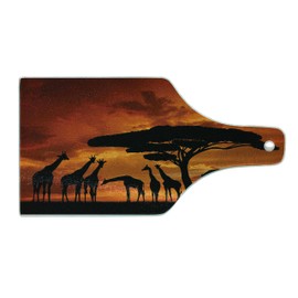 Lunarable Africa Cutting Board, Savannah Animal with Giraffe Crew with Majestic Tree at Sunrise in Kenya, Decorative Tempered Glass Cutting and Serving Board, Wine Bottle Shape, Orange Black