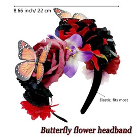 Yheahin Mexican Rose Flower Crown Headband for Women Butterfly Floral Headpiece Day of The Dead Headband Cosplay Party Costume Flower Hair Accessories (Butterfly 3- red, Elastic)
