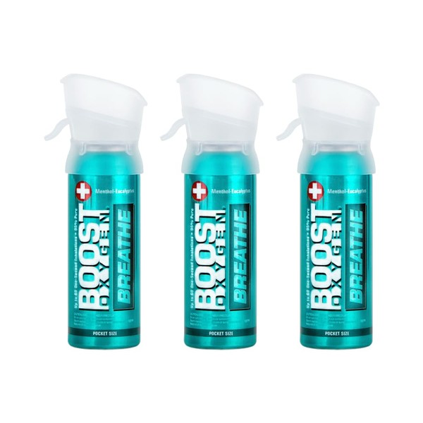 Boost Oxygen Pocket Size Menthol-Eucalyptus 3 Liter Canister | All-Natural Respiratory Support for Aerobic Recovery, Altitude, Performance and Health (3 Pack)