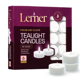 Lerner Tealight Candles in Clear Cups, 50 Count| 6 Hours Long-Burning White Tea Light Candles| Non-Toxic, Smokeless & Soot-Free Tea Light Warmer Candles | Unscented Party, Décor, Shabbat Tea Candles
