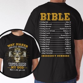 Christian Way Maker Miracle Worker Promise Keeper T-Shirt - Bible Emergency Numbers - Lion Tshirt - Religious Verse Shirt (Black, M)