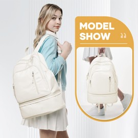 wassdins Gym Backpack Womens with Shoe Compartment, Foldable Travel Backpack Waterproof School Bags for Girls, Wet Pocket Carry On Backpack Lightweight Small Rucksack for Sports, Yoga - Beige