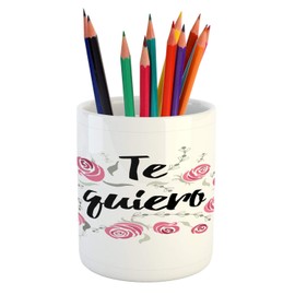 Ambesonne Spanish Pencil Pen Holder, Te Quiero Typography with Rose Flower Wreath Romantic Love Valentines Concept, Printed Ceramic Pencil Pen Holder for Desk Office Accessory, Pink Black White