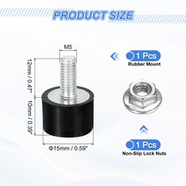 sourcing map M5 Thread Rubber Mounts, Vibration Isolators, Cylindrical Shock Absorber with Studs 15 x 10mm with Non-Slip Nuts