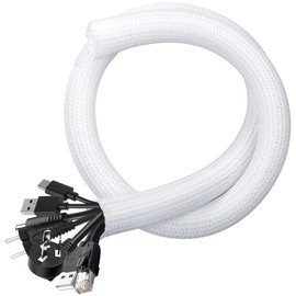 Cable Management Sleeves 1.5in - 2 Pack 4.1ft Split Braided Cable Sleeve White, Wire Organizers for Cords, Hard PE Cord Protectors from Pets, Flexible Cord Wrap Wire Sleeve for Computer Cord Organizer